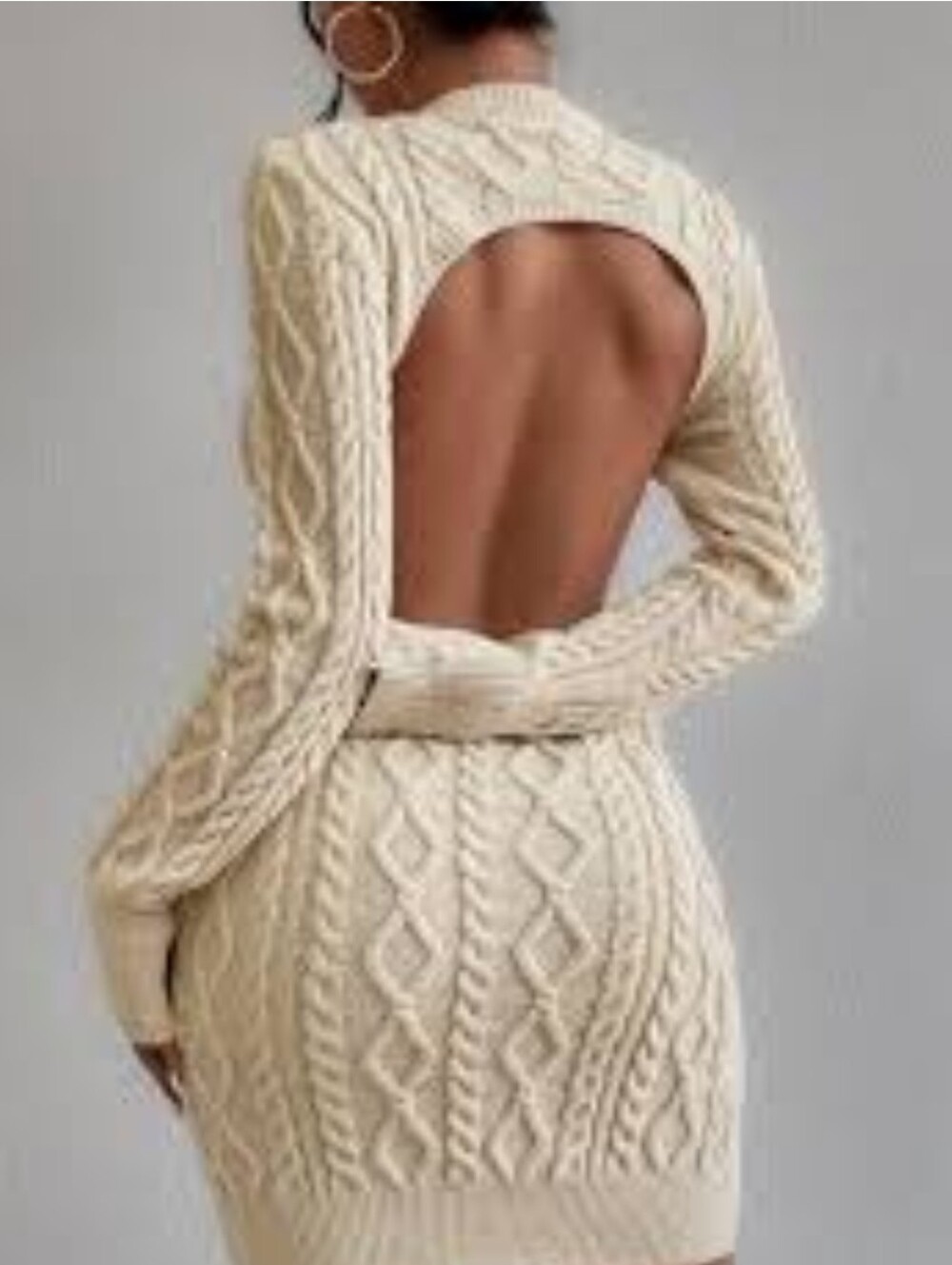 Open-Back Cable Knit Sweater Dress - Cream